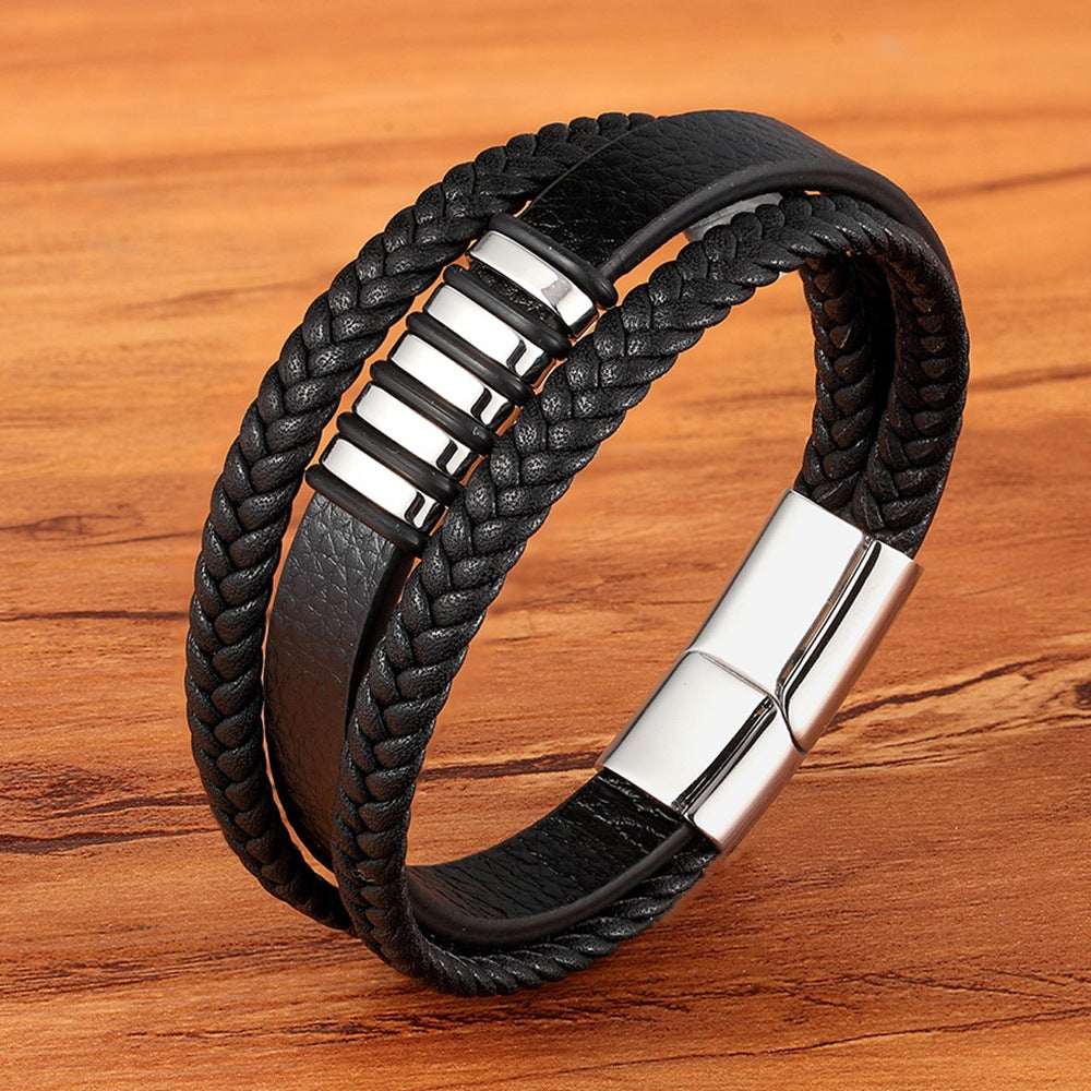 Apex Steel Bracelet – Triple Black Leather Band