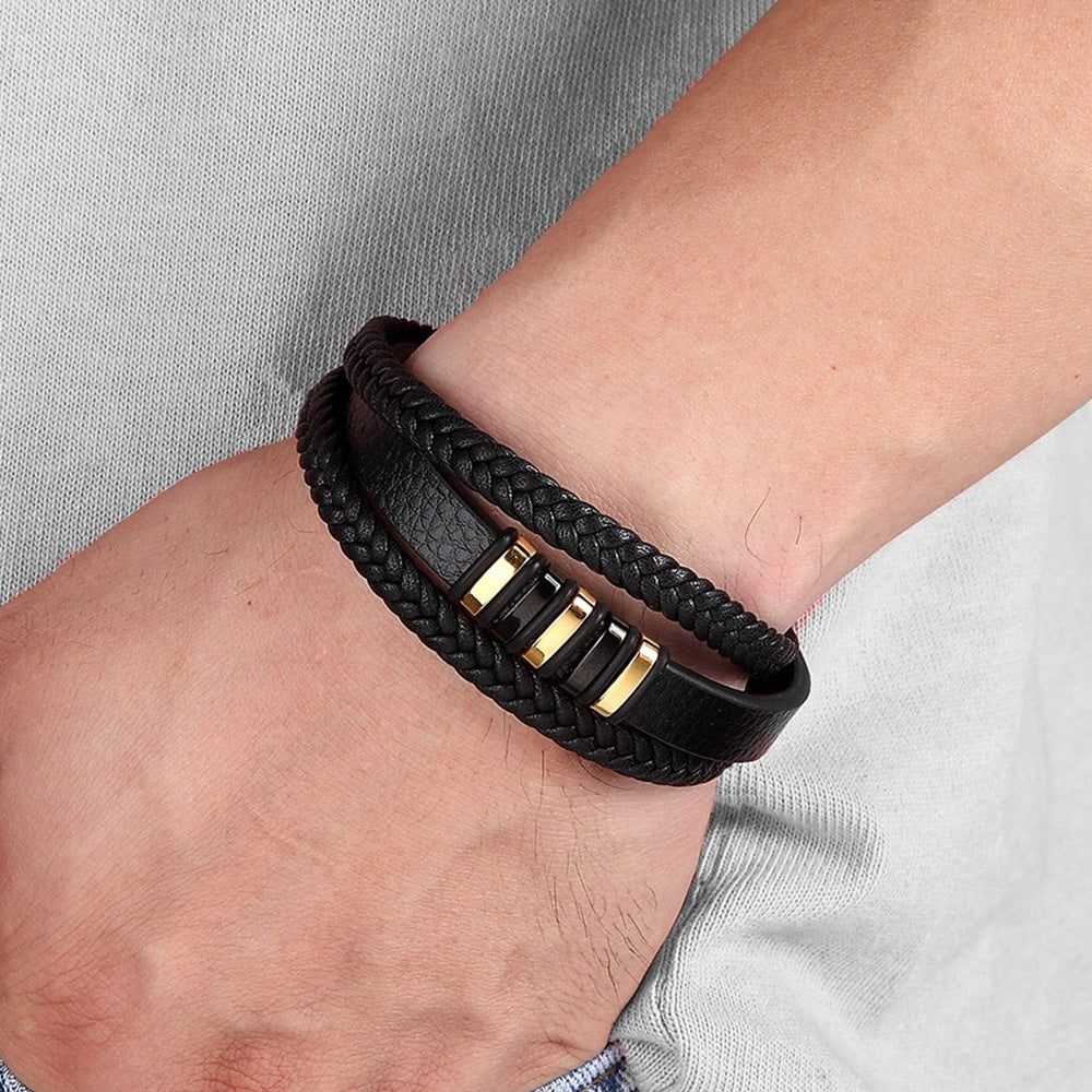 Apex Steel Bracelet – Triple Black Leather Band
