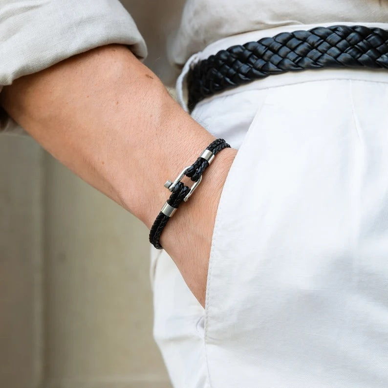 Urban Anchor Bracelet – Black Braided Leather Band