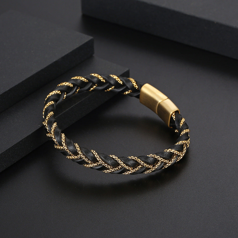 Aurum Braid Bracelet – Black & Gold Leather Band